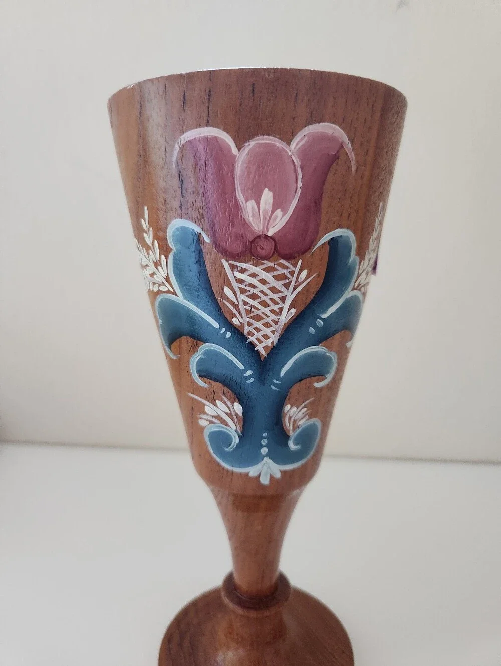 Signed D Woldt Hand Painted Wooden Folk Art Vase Scandinavian Style